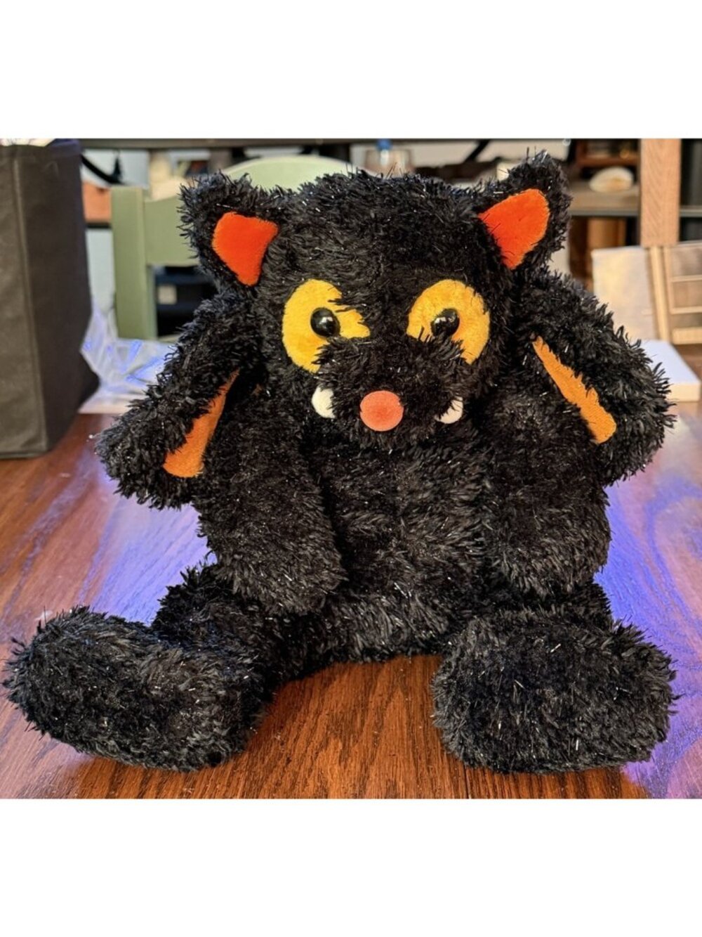 Vintage RARE Kellytoy BLACK CAT BAT Wings Vampire Halloween Orange Sparkles